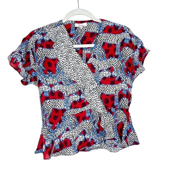 Parker Peplum Top Leopard Silk Small Red White Cheetah Print Ruffle Short Sleeve - Picture 1 of 14